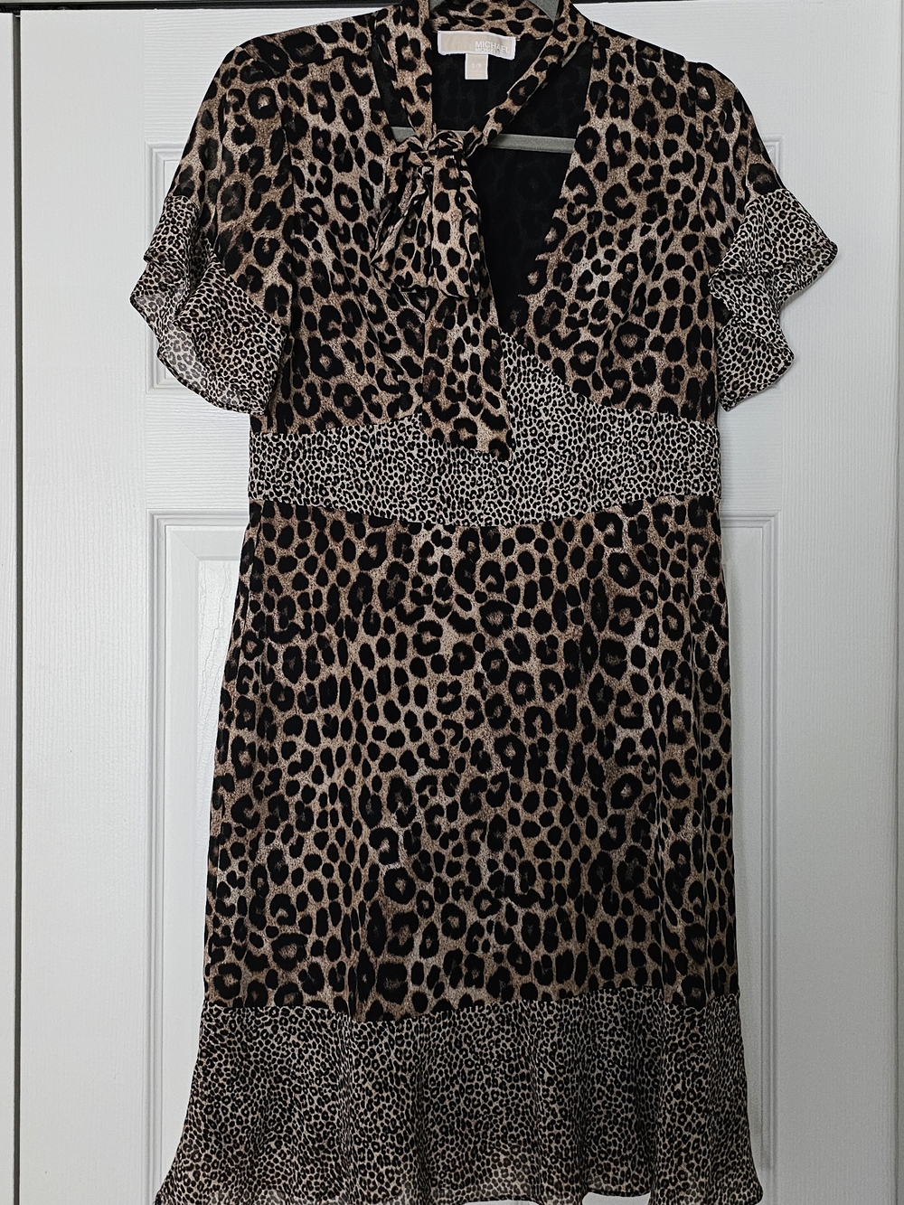 Michael Kors Leopard-Print Tie-Neck Midi Dress in Black and Brown